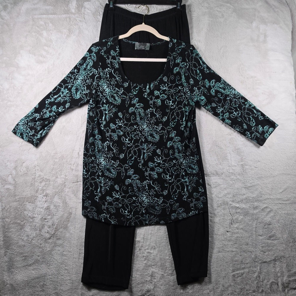 Slinky Brand Pant Set Womens XL Black Teal Glitter Floral Paisley Tunic Wide Leg